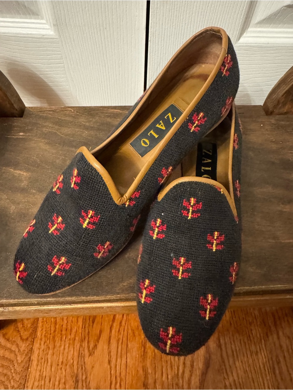 Zalo Black Needlepoint Loafers with Red Floral Accents and Tan Trim